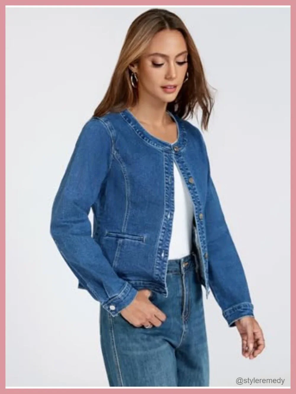 Lightweight Stretch Slim Fit Collarless Cropped Denim Jean Jacket Womens